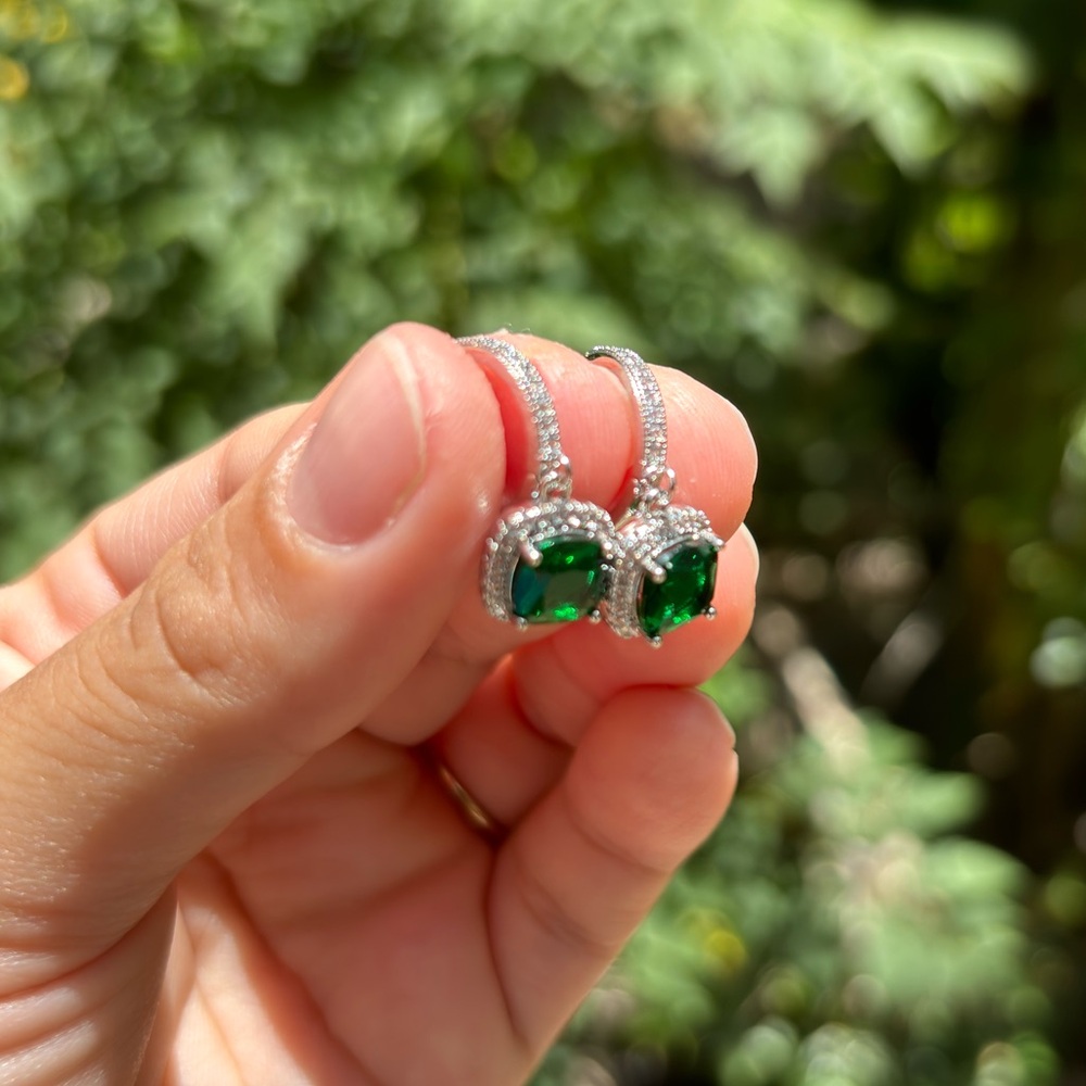 18K White Gold Plated Stainless Steel Emerald Green Diamond Dangling Earrings - Picture 5 of 7